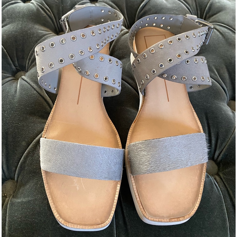 Grey calf hair ankle strap sandals